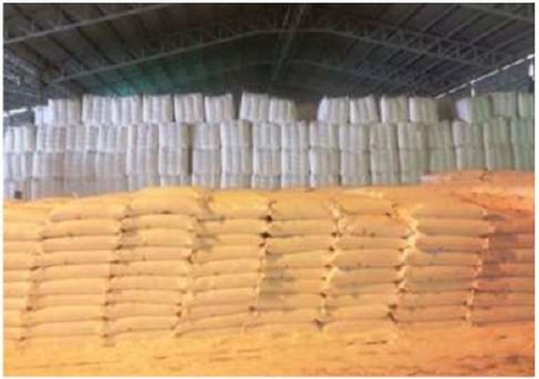 Warehouse with stacked product bags